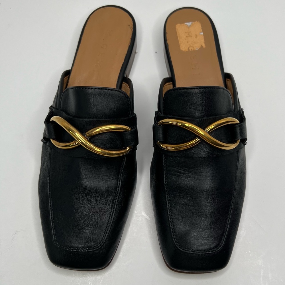 M. Gemi Black Leather Mule Slides with Gold Chain Accent - Picture 4 of 15